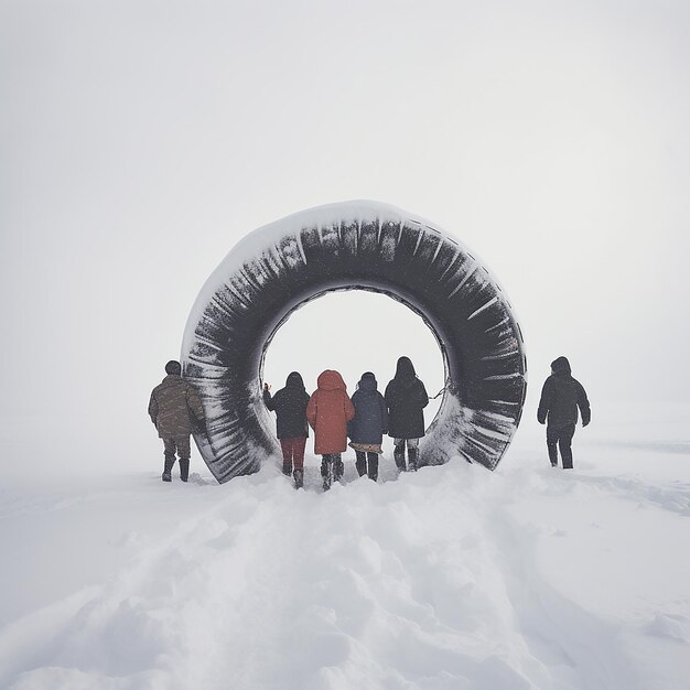 Foto amigos llevando tubos internos en la nieve