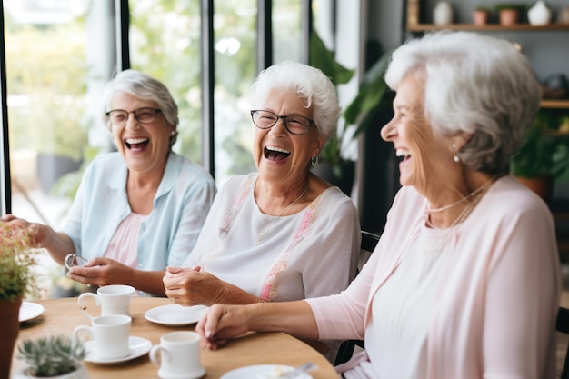 Amigos mais velhos a rir felizmente enquanto bebem chá.