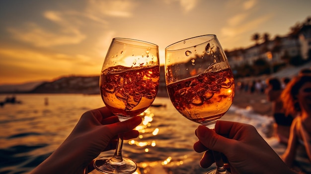 Amigos de la mano aclama con vino salpicaduras en el vaso en la vela de madera en frente al atardecer playa y mar