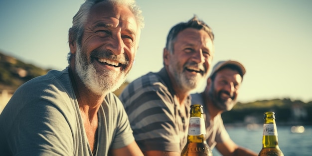 Amigos mayores brindando botellas de cerveza cerca del agua al atardecer IA generativa