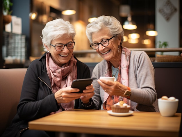 Los amigos mayores disfrutan del café y de las interacciones con los teléfonos inteligentes con sonrisas