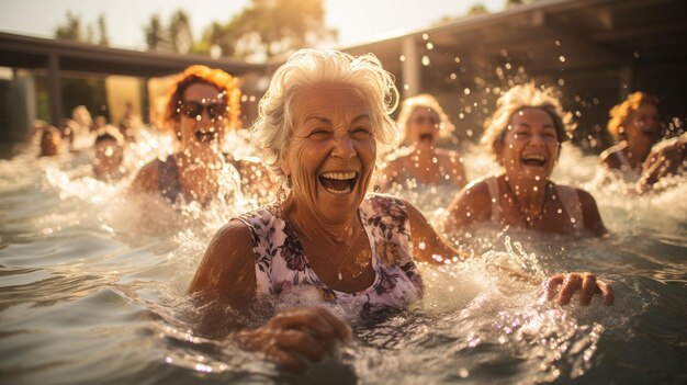 Amigos mayores divirtiéndose en la piscina.