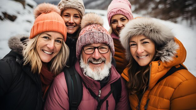 Foto amigos mayores felices divirtiéndose en la montaña de nieve de invierno grupo de personas foto selfie en vacaciones