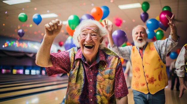 Amigos mayores involucrados en una competencia amistosa de bolos