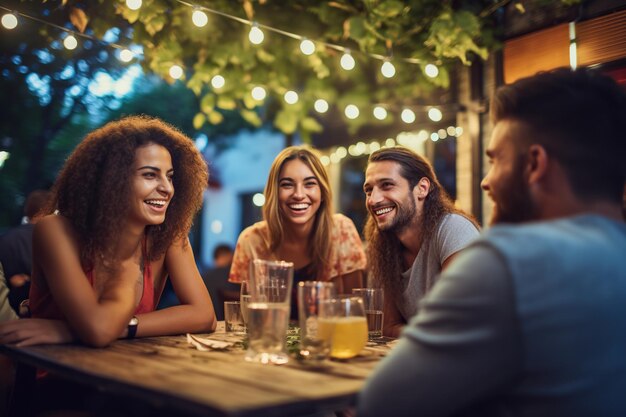 Amigos milenarios disfrutando de una divertida reunión social en un restaurante al aire libre