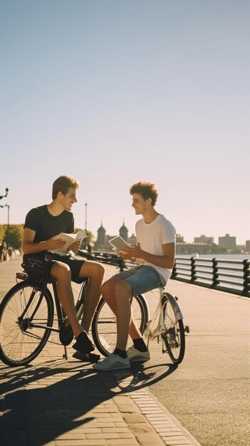 amigos mirando el documento mientras están sentados en bicicleta en el paseo marítimo contra el cielo despejado