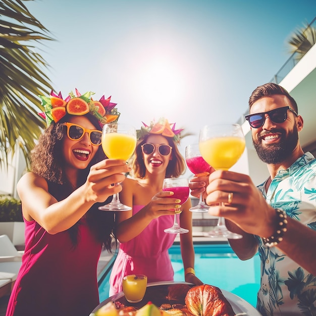 Foto amigos de moda bebiendo cócteles en una fiesta junto a la piscina jóvenes divirtiéndose en el lujoso complejo fan