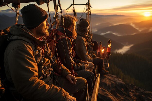 Amigos montando globos de aire caliente al amanecer