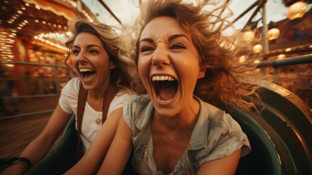 Foto amigos montando en un parque de atracciones