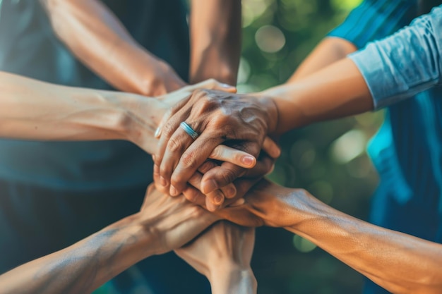 Amigos mostrando unidad y trabajo en equipo poniendo sus manos juntas