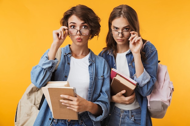 Amigos de las mujeres jóvenes aislados sobre la pared amarilla sosteniendo libros