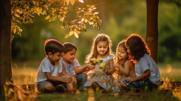 Amigos multiculturais cativados por uma flor vibrante abraçando a natureza e celebrando a unidade