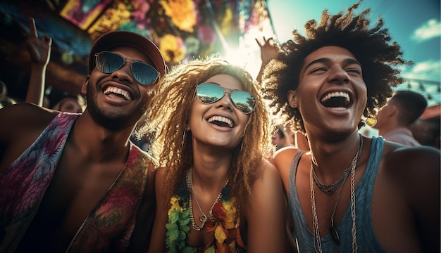 Foto amigos multiculturais felizes se divertindo no festival de verão estudantes multirraciais alegres se abraçam