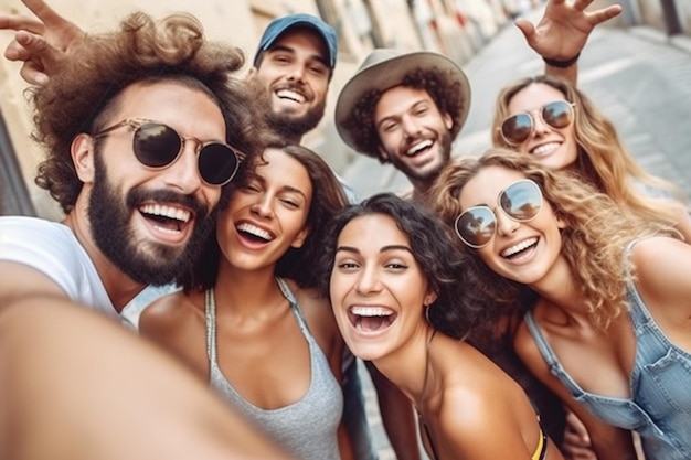 Amigos multiculturais tirando selfie com celular do lado de fora Jovens felizes se divertindo na rua da cidade Conceito de férias de verão com meninos e meninas desfrutando de IA gerativa