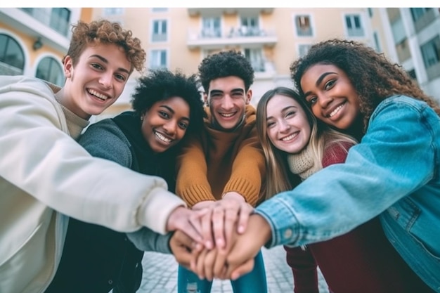 Amigos multiculturais tirando selfie com celular do lado de fora Jovens felizes se divertindo na rua da cidade Conceito de férias de verão com meninos e meninas desfrutando de IA gerativa