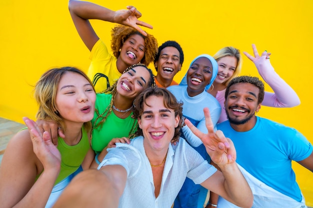 Foto amigos multiétnicos e de gênero fazendo gestos de sucesso enquanto tiram uma selfie