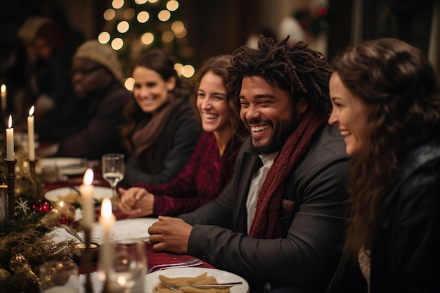 Amigos multiétnicos juntos no jantar de Natal gerado por IA