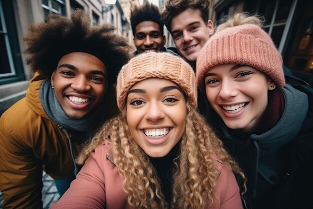 Amigos multiétnicos tomándose selfies en invierno generados por IA