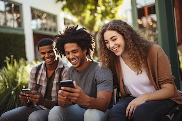 Foto amigos multirraciais com deficiência se divertindo usando smartphone