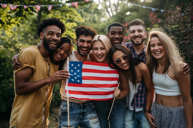 Foto amigos multirraciais de diferentes etnias com a bandeira americana celebram o 4 de julho nas ruas de nova york