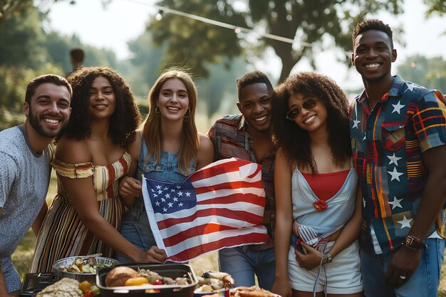 Foto amigos multirraciais de diferentes etnias com a bandeira americana celebram o 4 de julho nas ruas de nova york