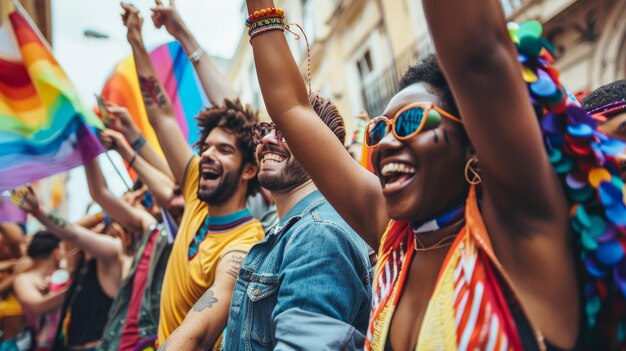 amigos multirraciales felices gays y transexuales divirtiéndose durante la fiesta LGBT en las calles