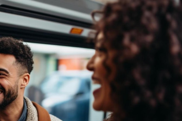 amigos multirraciales hablando mientras están juntos en el autobús de la ciudad y bebiendo café