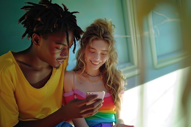 Amigos multirraciales mirando el teléfono móvil al aire libre en el parque IA generativa