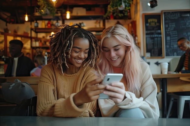 Amigos multirraciales mirando el teléfono móvil en el interior en una cafetería IA generativa