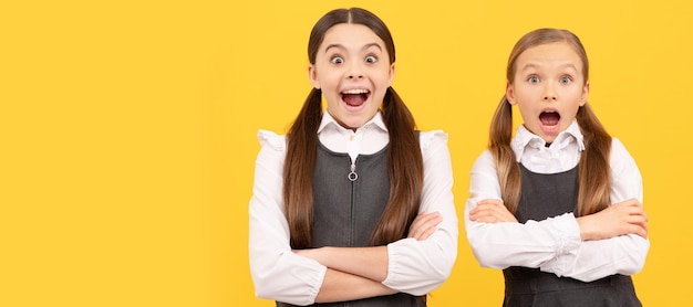 Amigos de las niñas de la escuela Aprender con sorpresa Los niños sorprendidos mantienen los brazos cruzados Retrato de colegiala estudiante estudio banner encabezado Escuela niño cara copyspace