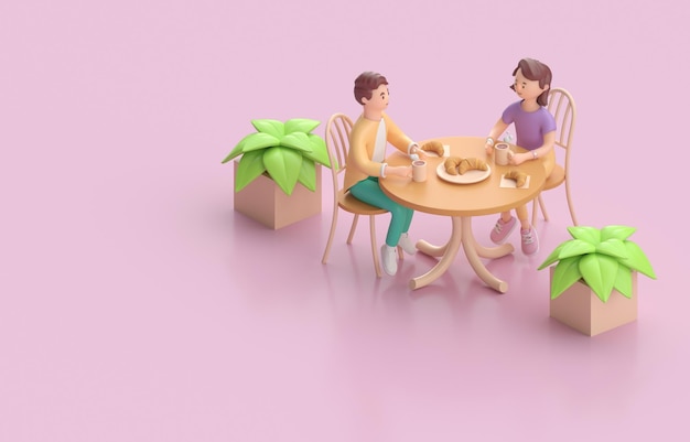 Amigos no restaurante Food Concept 3D render