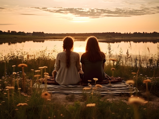 Amigos olhando para o pôr-do-sol ao lado de um lago