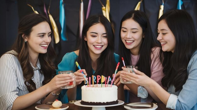 Foto amigos con pastel de cumpleaños