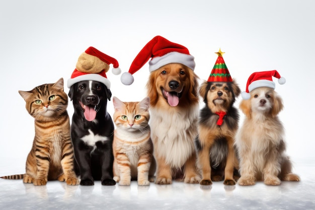 Amigos peludos festivos Gatos e cães em trajes de Natal