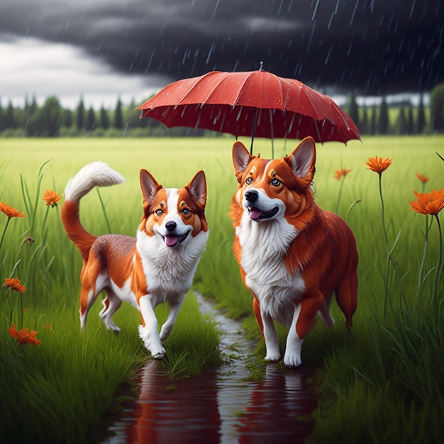 amigos peludos gato rojo y perro corgi caminando en un verano Ai Generado