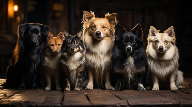 Foto amigos peludos un grupo de perros diversos sentados la ia genera una ilustración