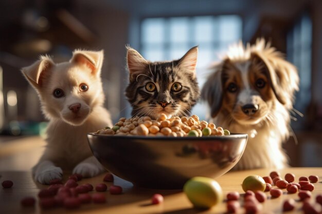 Foto amigos peludos saboreando comida orgánica natural de un tazón de cerca