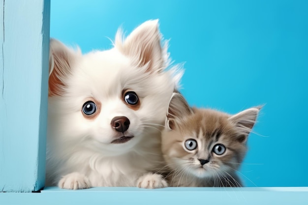 Foto amigos peludos soltaram o adorável gatinho cinzento e o sorridente cachorro pomeranian spitz exploram um vibrante b