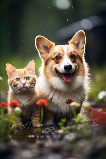 Amigos peludos, um gato vermelho e um cachorro corgi caminham em uma campina de verão em meio a gotas de chuva quentes