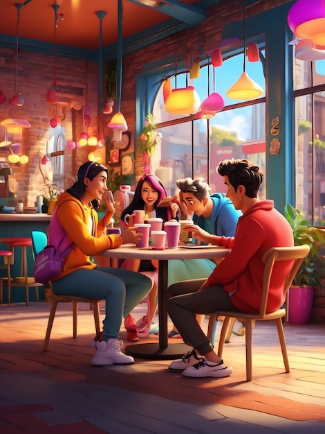 Amigos personagens de desenhos animados saindo em uma cafeteria