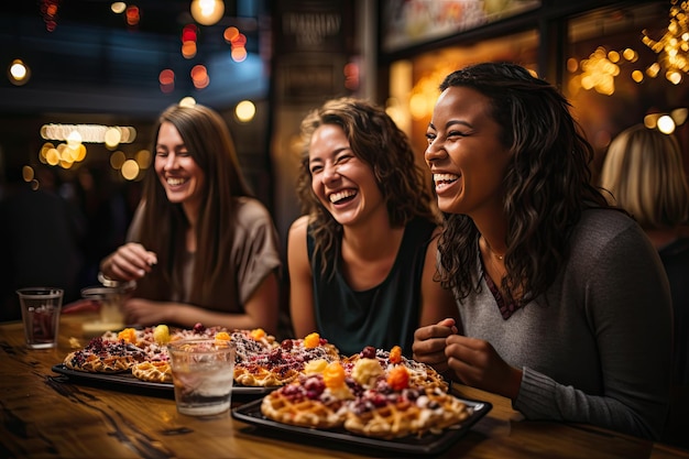 Amigos personalizam waffles em uma reunião feliz IA generativa