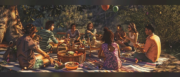 Amigos en un picnic al aire libre con mantas y cestas
