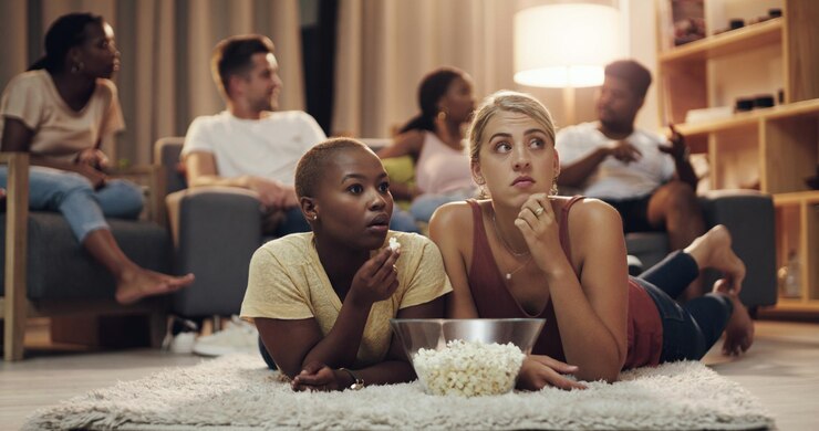 Foto amigos pipoca e filme em casa à noite para entretenimento e relaxamento para diversão amigos juntos e assistindo tv no lounge com um lanche à noite para relaxar no fim de semana para se divertir