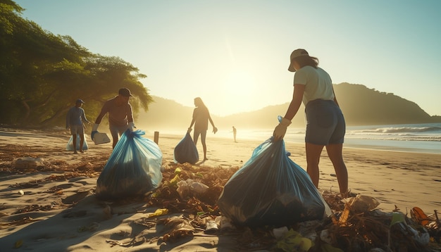 amigos en la playa recogiendo basura