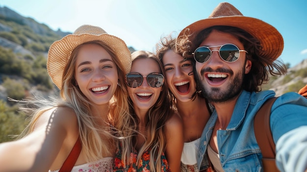 Amigos posando em trajes elegantes celebrando o fim de uma viagem memorável