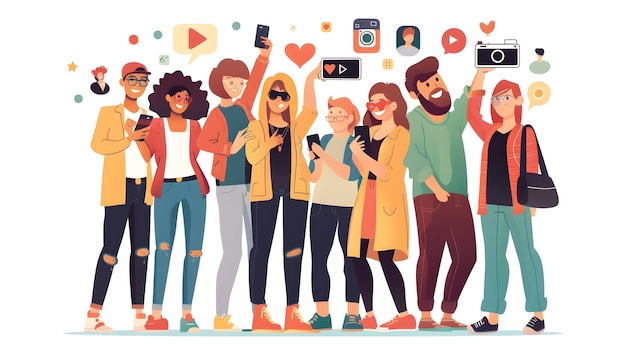 Amigos que se conectan a través de las redes sociales en una ilustración vibrante