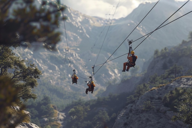 Amigos que van en una aventura en tirolesa