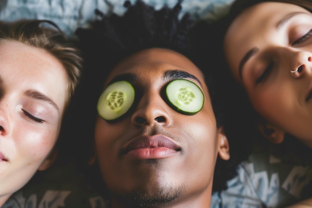 Amigos con rebanadas de pepino en los ojos relajantes