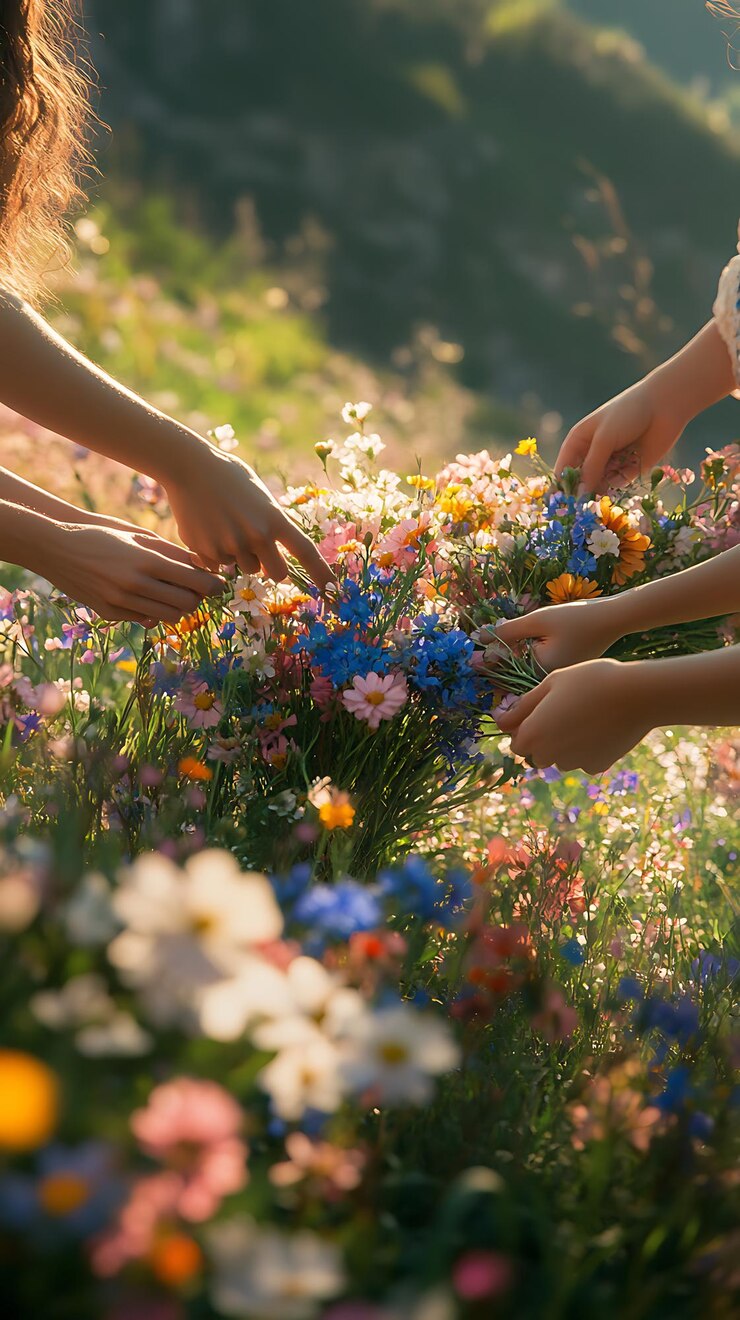 Amigos recogiendo ramos de flores silvestres en un campo de primavera