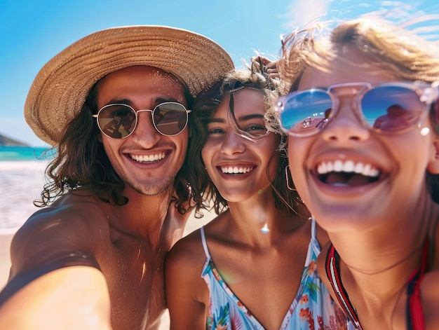 Amigos relajándose en la playa Un momento feliz